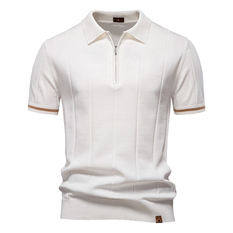 Polo en Tricot pour Hommes Manches Courtes Fermeture Éclair Col Revers Texture Rayée Verticale Mélange Viscose Business Casual