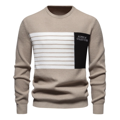 Pull en Maille Gaufre pour Hommes Patchwork Rayé Col Rond Manches Longues Pullover Coupe Cintrée Mode Urbaine Décontractée