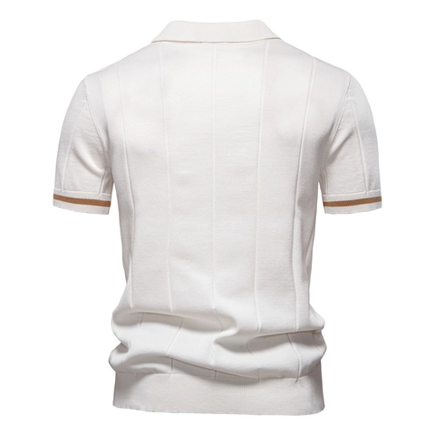 Polo en Tricot pour Hommes Manches Courtes Fermeture Éclair Col Revers Texture Rayée Verticale Mélange Viscose Business Casual