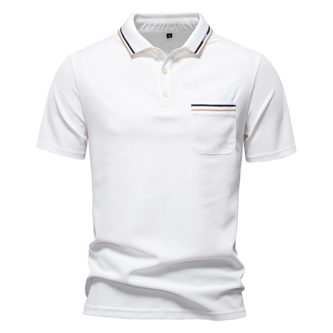 Polo da Uomo Business Casual a Manica Corta in Misto Cotone Piqué Colletto a Revers a Righe Tasca Top alla Moda Estiva