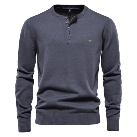Men's Long Sleeve Henley Neck Knit Sweater Casual Cotton Blend Solid Color Button Pullover Top For Autumn Winter