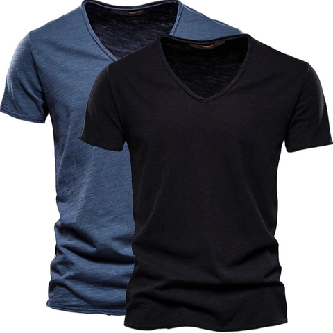 Camiseta de Hombre de Algodón Slub Cuello en V Manga Corta Corte Ajustado Transpirable Top Suave para Uso Diario Casual Estilo Vintage