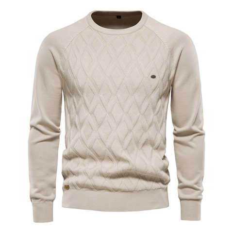 Men Round Neck Knit Sweater Cotton Blend Long Sleeve Rhombic Pattern Casual Urban Style Soft Warm Pullover For Men Fashion