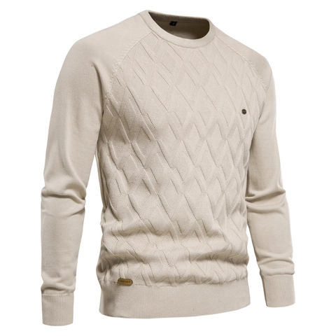 Men Round Neck Knit Sweater Cotton Blend Long Sleeve Rhombic Pattern Casual Urban Style Soft Warm Pullover For Men Fashion