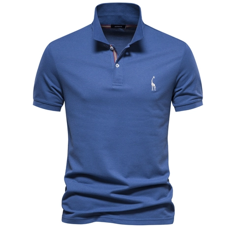 Men Short Sleeve Polo Shirt Cotton Blend Giraffe Embroidery Pique Fabric Casual Business Top