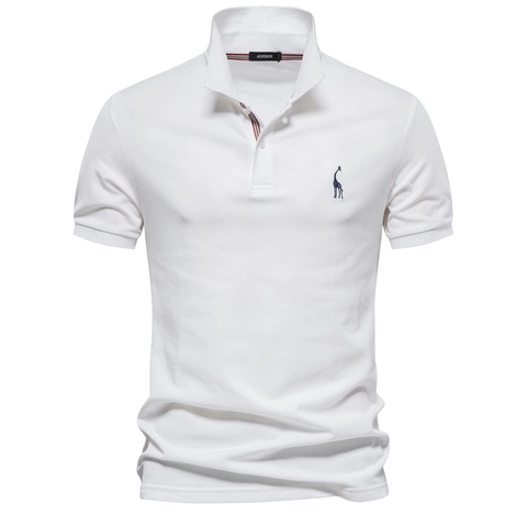 Men Short Sleeve Polo Shirt Cotton Blend Lapel Casual Top Giraffe Embroidery Solid Color Basic Polo Tee For Daily Leisure