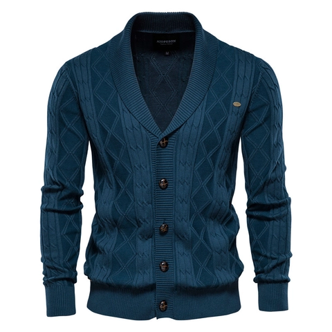 Herren Schalkragen Zopfmuster Strickjacke Baumwollmischung Pullover Casual Vintage Rautenmuster Geknöpft Strickmantel