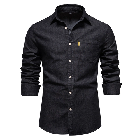 Camicia Casual in Denim da Uomo Cotone Maniche Lunghe Slim Fit Tinta Unita Colletto a Revers Camicia Con Tasca Per Uso Quotidiano
