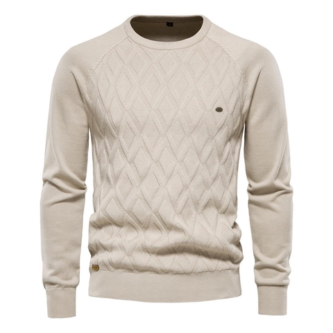 Men Round Neck Knit Sweater Cotton Blend Long Sleeve Rhombic Pattern Casual Urban Style Soft Warm Pullover For Men Fashion