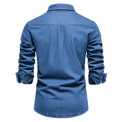 Camicia Casual in Denim da Uomo Cotone Maniche Lunghe Slim Fit Tinta Unita Colletto a Revers Camicia Con Tasca Per Uso Quotidiano