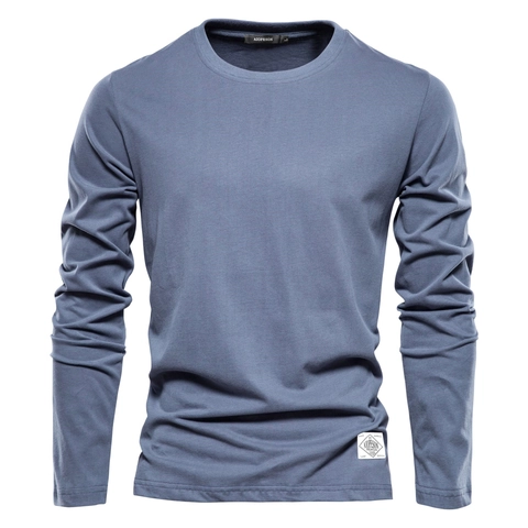 Ανδρικό T-Shirt από 100% Βαμβάκι Μακρυμάνικο Casual Μονόχρωμο Στρογγυλή Λαιμόκοψη Στενή Εφαρμογή Αναπνεύσιμο Top