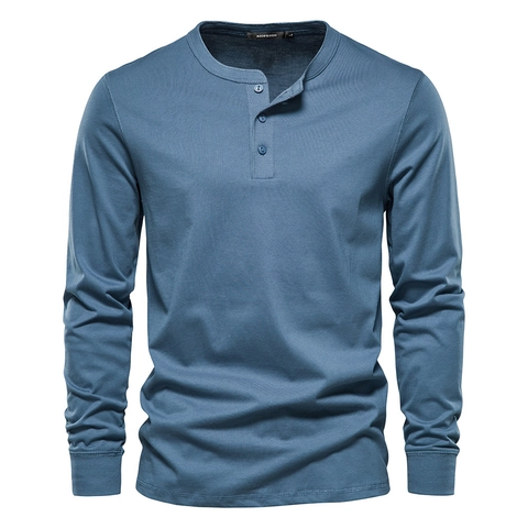 Maglia Henley a Manica Lunga da Uomo 100% Cotone Casual Slim Fit Chiusura a Tre Bottoni Tinta Unita Top Sportivo