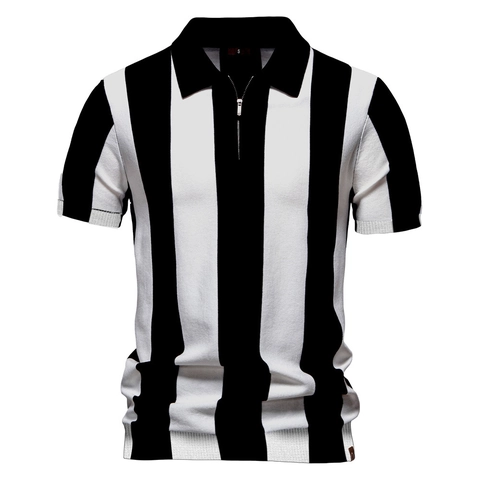 Polo de Rayas para Hombre de Punto de Manga Corta Camiseta Casual Cuello con Media Cremallera Mezcla de Viscosa Transpirable Ropa de Punto de Verano Ropa de Hombre