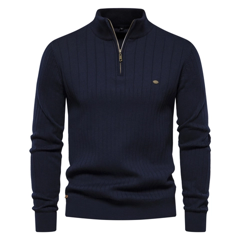 Heren Half Zip Ribgebreide Trui Slim Fit Katoenmix Opstaande Kraag Lange Mouwen Effen Kleur Casual Urban Trui Voor Mannen