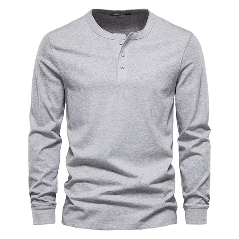 Maglia Henley a Manica Lunga da Uomo 100% Cotone Casual Slim Fit Chiusura a Tre Bottoni Tinta Unita Top Sportivo