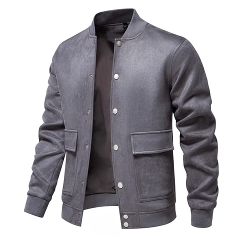 Men Faux Suede Bomber Jacket Stand Collar Casual Baseball Style Coat With Flap Pockets Snap Button Outerwear