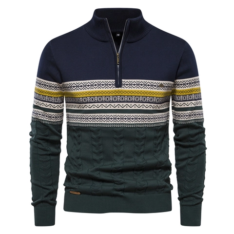 Pull en Maille pour Hommes avec Demi-zip et Col Montant Patchwork Fair Isle Chaud Hiver Torsades Pullover Casual Coton
