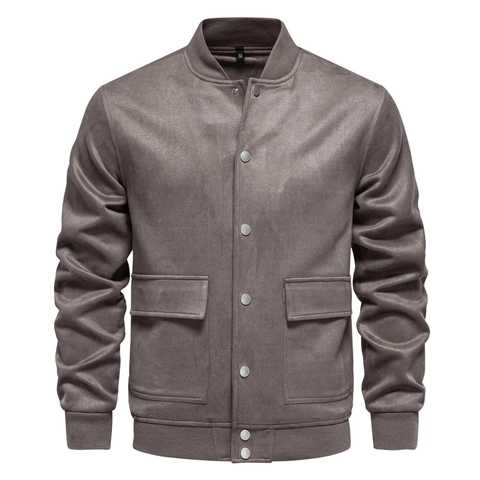 Men Faux Suede Bomber Jacket Stand Collar Casual Baseball Style Coat With Flap Pockets Snap Button Outerwear