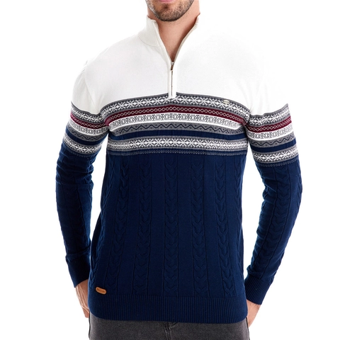 Pull en Maille pour Hommes avec Demi-zip et Col Montant Patchwork Fair Isle Chaud Hiver Torsades Pullover Casual Coton