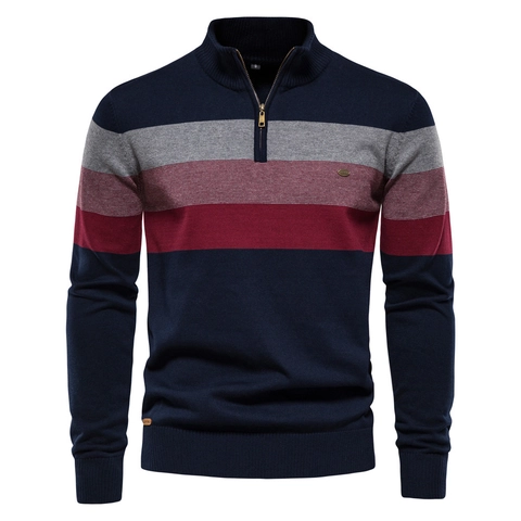 Men's Half Zip Pullover Sweater Cotton Blend Knit Color Block Striped Stand Collar Long Sleeve Urban Casual Top