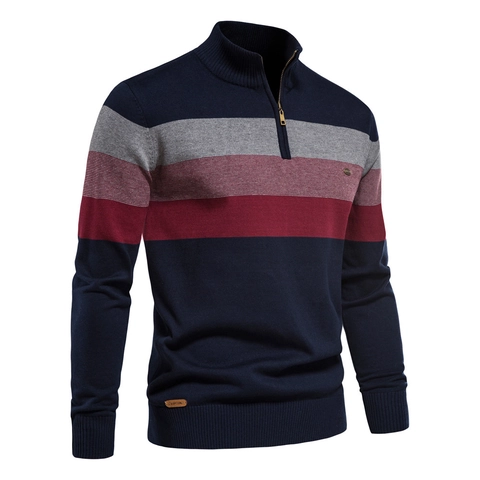 Men's Half Zip Pullover Sweater Cotton Blend Knit Color Block Striped Stand Collar Long Sleeve Urban Casual Top