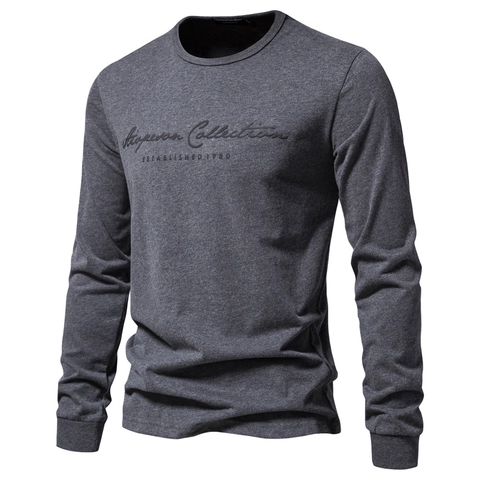 Herren T-Shirt Mit Rundhalsausschnitt Und Langem Arm 100% Baumwolle Lässig Einfarbig Buchstabendruck Oberteil Slim Fit Pullover Atmungsaktiv Herbst