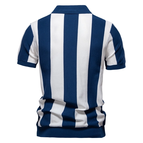 Polo da Uomo a Maglia con Righe Verticali Manica Corta in Misto Viscosa Mezza Zip Risvolto Top per Smart Casual Quotidiano
