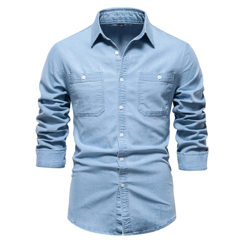 Herren Casual Jeanshemd Klassisch Langarm Qualität Baumwolle Stoff Doppel Brusttaschen Umlegekragen Knopfleiste Oberteil Männlich Alltag Stil