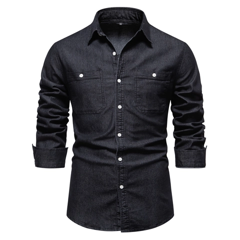 Herren Casual Jeanshemd Klassisch Langarm Qualität Baumwolle Stoff Doppel Brusttaschen Umlegekragen Knopfleiste Oberteil Männlich Alltag Stil