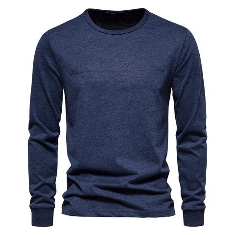 Herren T-Shirt Mit Rundhalsausschnitt Und Langem Arm 100% Baumwolle Lässig Einfarbig Buchstabendruck Oberteil Slim Fit Pullover Atmungsaktiv Herbst