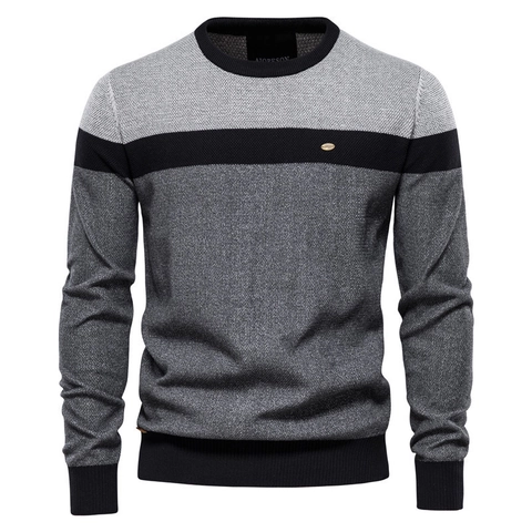Pull en Tricot Décontracté pour Hommes Col Rond Manches Longues Bloc de Couleur Rayé Coupe Ajustée Pullover en Mélange de Coton Chaud