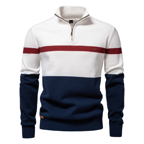 Pull En Tricot Pour Hommes Col Montant Demi-Zip Motif Color-Block Respirant Manches Longues Haut Décontracté Urbain Mode