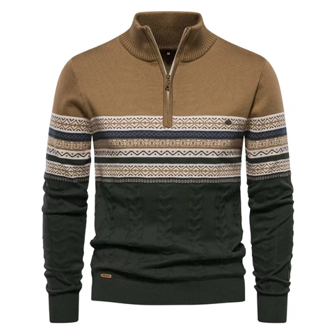 Heren Casual Katoenmix Halve Rits Trui Staande Kraag Patchwork Jacquard Gebreide Pullover Voor Herfst Winter Dagelijks Gebruik