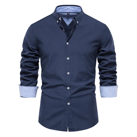 Men's Long Sleeve Casual Shirt Cotton Blend Breathable Slim Fit Contrast Collar Button Down Oxford Shirt For Work Office