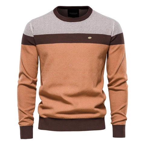 Pull en Tricot Décontracté pour Hommes Col Rond Manches Longues Bloc de Couleur Rayé Coupe Ajustée Pullover en Mélange de Coton Chaud