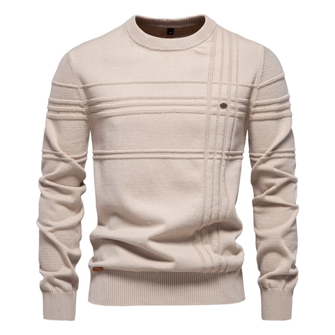 Maglione da Uomo Girocollo in 95% Cotone Maglione a Maglia Manica Lunga Tinta Unita Riga Texturizzata Taglia Europea Urban Casual