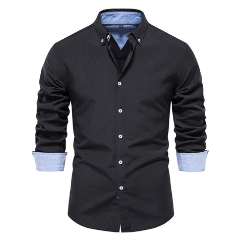 Men's Long Sleeve Casual Shirt Cotton Blend Breathable Slim Fit Contrast Collar Button Down Oxford Shirt For Work Office