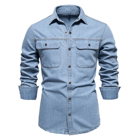 Camicia da Uomo in Denim Lavato a Maniche Lunghe 100 Per Cento Cotone Stile Casual Workwear Doppie Tasche Colletto Classico