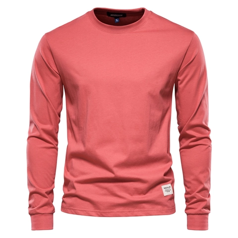 Heren Casual Effen Kleur T-shirt met Lange Mouwen 100% Katoen Ruime Pasvorm Ronde Hals Top met Patch