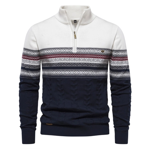 Maglione da Uomo in Misto Cotone Casual Con Mezza Zip Colletto in Piedi Patchwork Jacquard Maglieria per Autunno Inverno Quotidiano