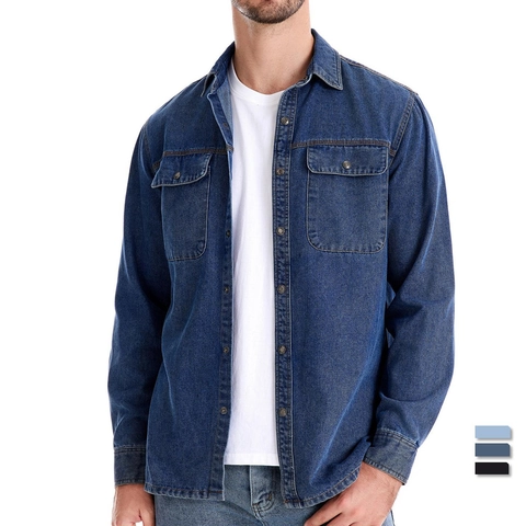 Camicia da Uomo in Denim Lavato a Maniche Lunghe 100 Per Cento Cotone Stile Casual Workwear Doppie Tasche Colletto Classico