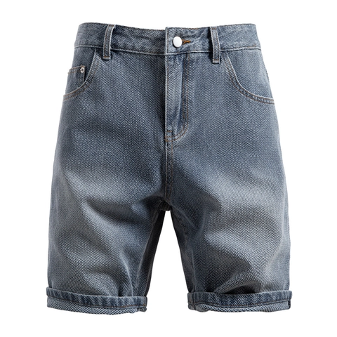 Men's Vintage Denim Shorts Cotton Herringbone Texture Straight Fit Washed Five Pocket Casual Summer Bermuda Shorts Men