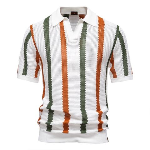 Polo de Punto a Rayas Transpirable de Verano para Hombre Manga Corta Solapa Vintage Casual Negocios Tops
