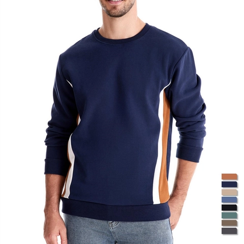 Men Crewneck Sweatshirt Cotton Blend Color Block Patchwork Slim Fit Casual Long Sleeve Pullover