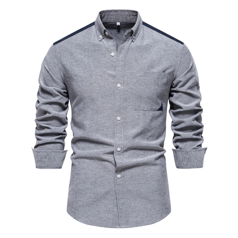 Camisa Oxford para Hombre Casual Color de Contraste Manga Larga Patchwork Mezcla de Algodón Top Cuello con Botones Con Bolsillo en el Pecho
