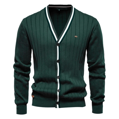Heren Vest Met V-Hals Zakelijk Casual Knoopsluiting Lange Mouw Ribgebreide Top Met Contrast Gestreepte Bies