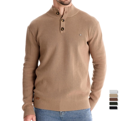 Heren Gebreide Trui met Staande Kraag en Knoopsluiting Geribbelde Katoenmix Lange Mouw Pullover Casual Business Tops