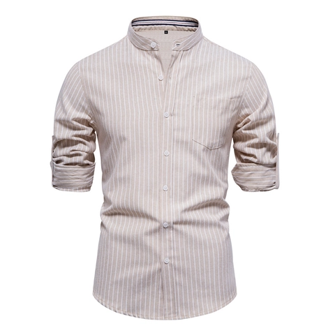 Chemise en Coton à Rayures pour Hommes Manches Longues Col Officier Décontracté Business Slim Fit Hauts à Rayures Verticales Kaki