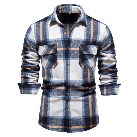 Chemise à Carreaux Homme en Flanelle Manches Longues à Boutons Haut Business Décontracté Chemisier Travail Avec Double Poche