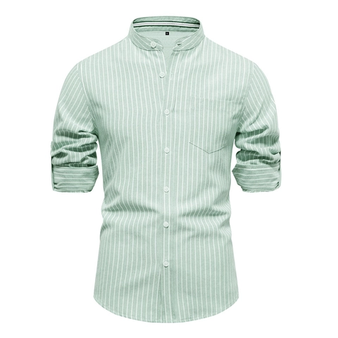 Chemise en Coton à Rayures pour Hommes Manches Longues Col Officier Décontracté Business Slim Fit Hauts à Rayures Verticales Kaki